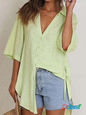 Large Loose Lace Up 3/4 Sleeve Solid Cotton Linen Blouses