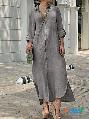 Linen Shirt Collar Linen Button Maxi Dresses