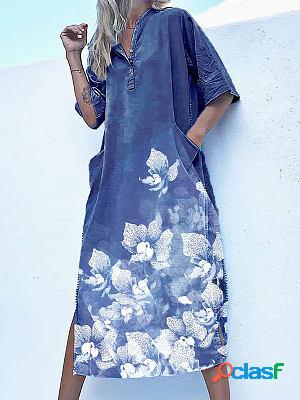 Loose Casual Floral Print Pocket Short Sleeve Midi Dress
