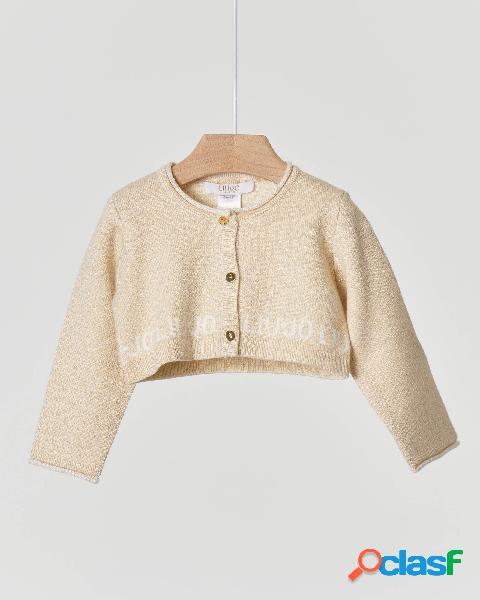 Maglia cardigan beige con lurex oro e logo stampato 6-18