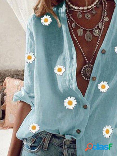 Maniche Lunghe Dritto Floreale Colletto a Camicia Camicetta