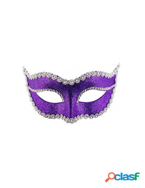 Maschera in plastica con glitter viola e strass in busta
