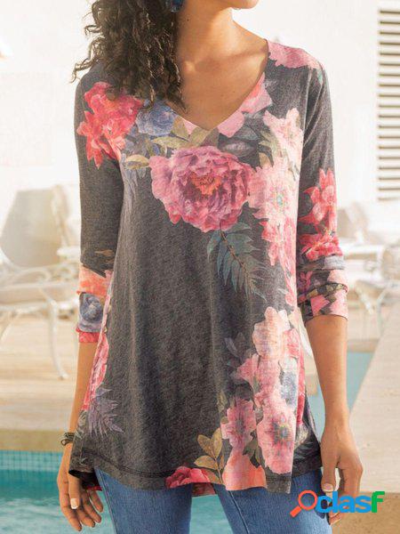 Misto Cotone Casuale Scollo a V Stampato Floreale Top