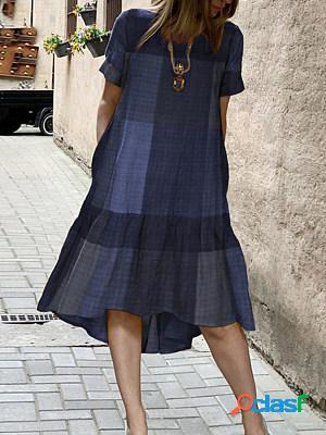 Plaid Short Sleeves Casual Round Neck Loose Midi Dress