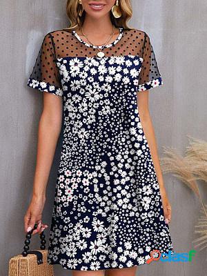 Polka Dot Lace Neck Printed Short Sleeve Short Dress