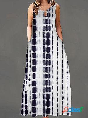 Positioning Large Swing Print Waist Sleeveless Maxi Dresses