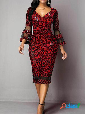 Printed Trumpet Sleeve V-neck Elegant Mesh Stitching Bodycon