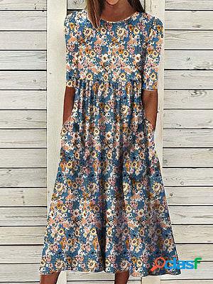 Round Neck Casual Floral Print Resort Short Sleeve Midi