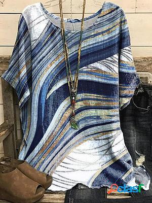 Round Neck Casual Loose Bronzing Line Print Short-sleeved