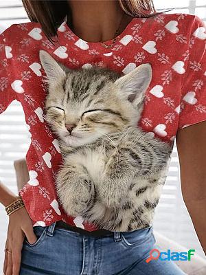 Round Neck Casual Loose Cat Valentines Day Short Sleeve