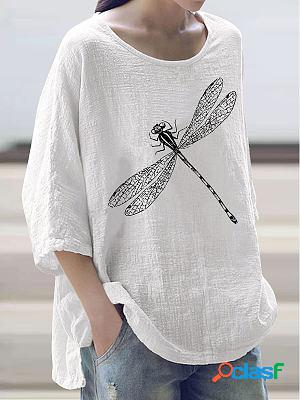 Round Neck Casual Loose Dragonfly Print Long Sleeve Blouse