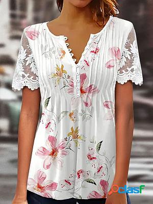 Round Neck Casual Loose Floral Print Lace Short Sleeve
