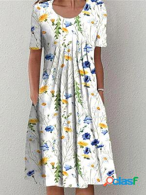 Round Neck Casual Loose Floral Print Short Sleeve Midi Dress