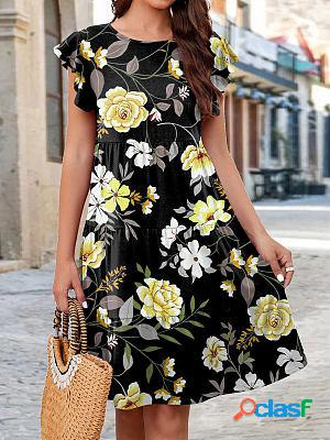Round Neck Casual Loose Floral Print Short Sleeve Short