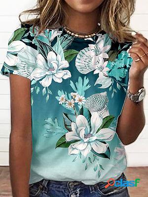 Round Neck Casual Loose Floral Print Short Sleeve T-Shirt