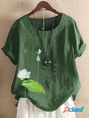 Round Neck Casual Loose Lotus Print Short-sleeved Blouse