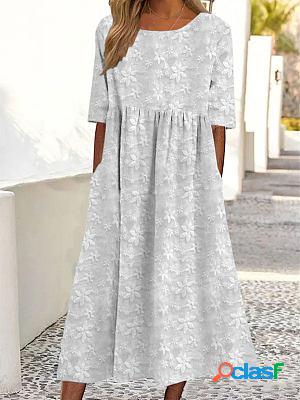 Round Neck Loose Embroidered Vacation Short Sleeve Midi