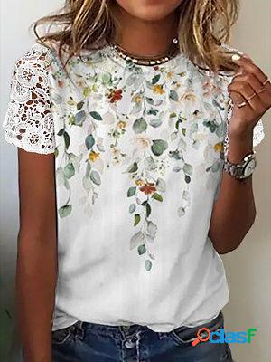 Round Neck Loose Floral Print Lace Panel Short Sleeve