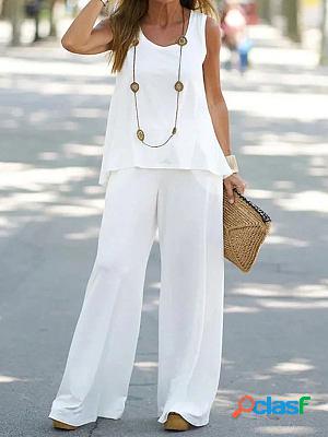 Round Neck Plain Color Casual Two-piece Suits