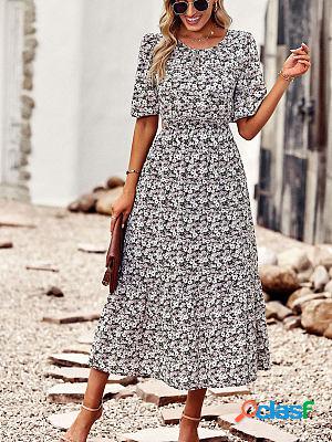 Round Neck Printed Waist Elegant A-line Maxi Dresses