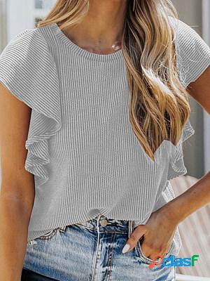 Round Neck Ruffle Short Sleeves Solid T-shirt