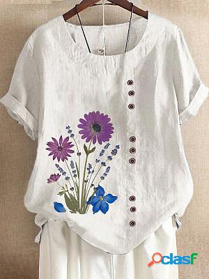 Round Neck Short Sleeves Printed Linen Blouse