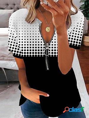 Round Neck Zipper Casual Loose Polka Dot Print Short Sleeve
