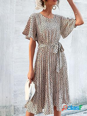 Ruffle Sleeve Leopard Print Tie Pleated Shift Dresses