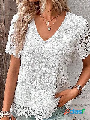 Short Sleeved Lace V-Necked Loose Sweet Pullover T-shirt