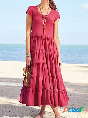 Short Sleeves Round Neck Casual Solid Maxi Dress