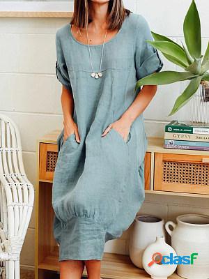 Short Sleeves Round Neck Linen Pockets Midi Dress