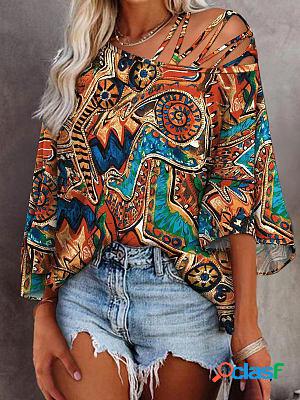 Slanted Shoulder Trumpet Sleeve Print Loose Stylish Pullover