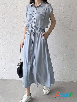 Sleeveless Pocket Mid Length Casual Lapel Maxi Dresses