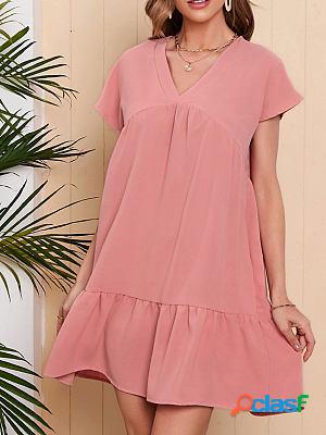 Solid Color Loose V Neck Swing Shift Dresses