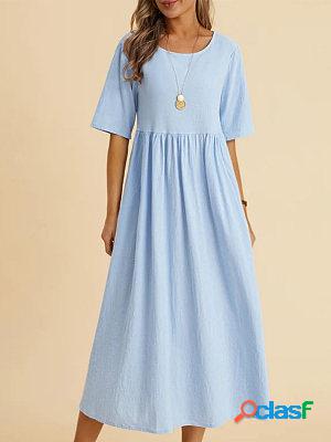 Solid Round Neck Shift Short Sleeves Midi Dress