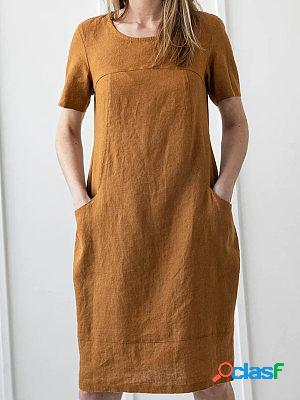 Solid Slim Short Sleeve Linen Blend Midi Dress