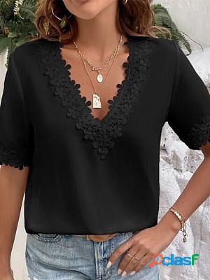 Solid V-neck Lace Short Sleeve Blouse