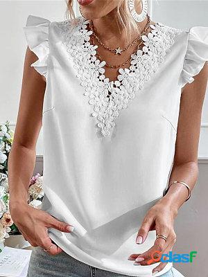 Solid V-neck Womens Lace Paneled Blouses