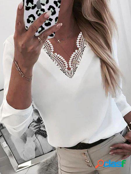 Solido Scollo a V Maniche Lunghe Casuale T-shirt