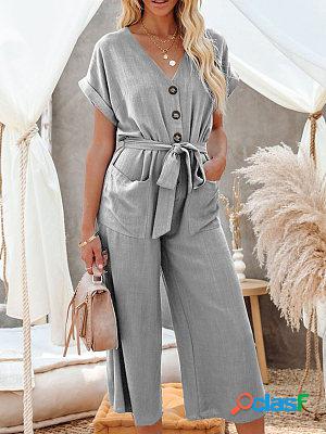 Summer Relaxed Casual V-Neck Lace Up Pocket Jumpsuit