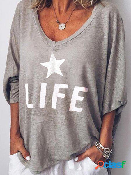 T-Shirt Lettera Stampato Floreale Casuale di Misto Cotone