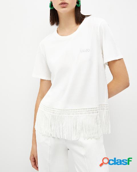 T-shirt bianca in cotone con maniche corte e frange