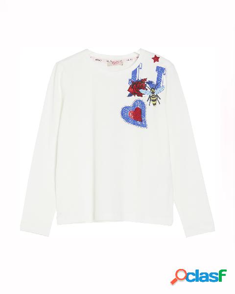 T-shirt manica lunga bianca con stampe grafiche e strass