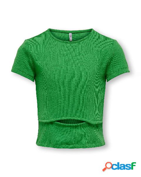 T-shirt verde in misto viscosa stretch a costine con cut out