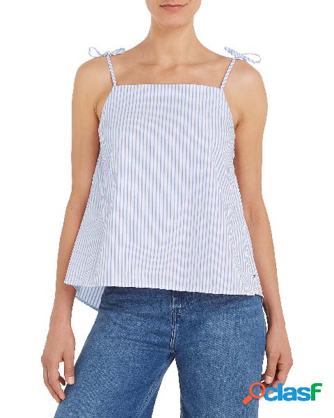 Top smanicato bianco e azzurro in popeline di cotone a righe