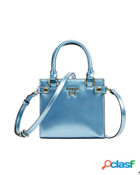 Tote bag piccola in vernice azzurra con logo frontale e