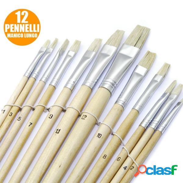 Trade Shop - Set 12 Pennelli Piatti Manico Legno Lungo