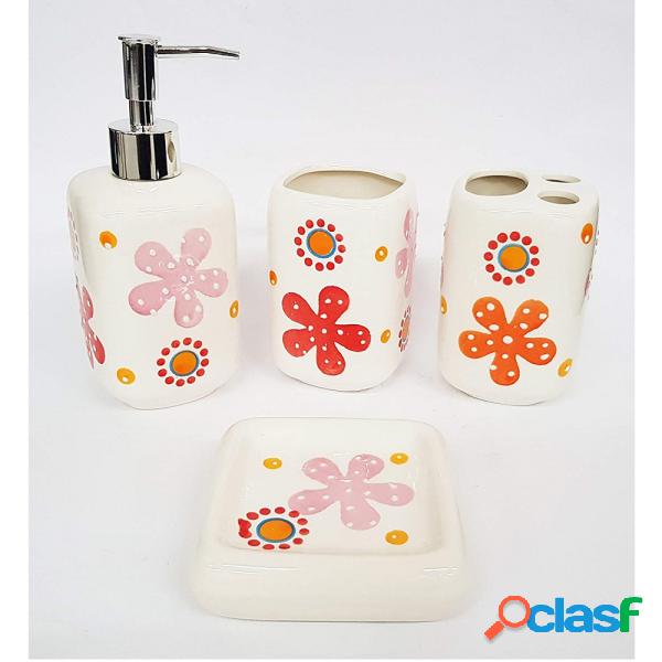 Trade Shop - Set 4pz Bagno Fiori Rosa Rosso Sole In Ceramica