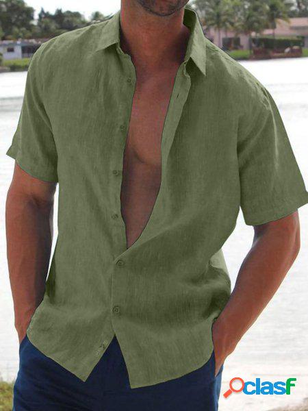 Uomo Risvolto Colore Solido Maniche Corte Uomo Lino Camicia