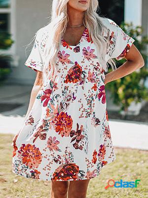 V Neck Short Sleeve Floral Print Shift Dresses